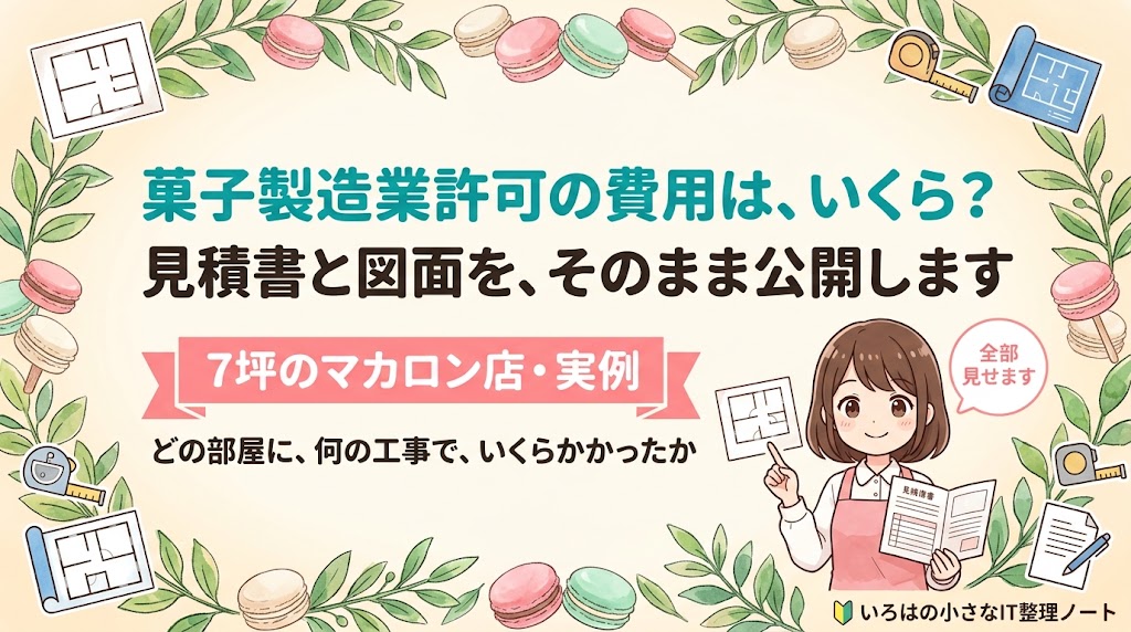 菓子製造業許可の費用がいくらかかるのかを、7坪のマカロン店主が見積書と図面をそのまま公開して解説するアイキャッチ。どの部屋に、何の工事で、いくらかかったかまで実額で紹介。