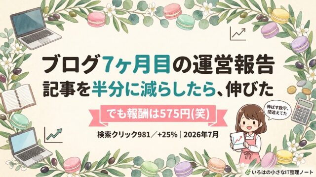 ブログ7ヶ月目の運営報告のアイキャッチ。記事を半分に減らしたら伸びた、でも報酬は575円。検索クリック981・+25%・2026年7月。