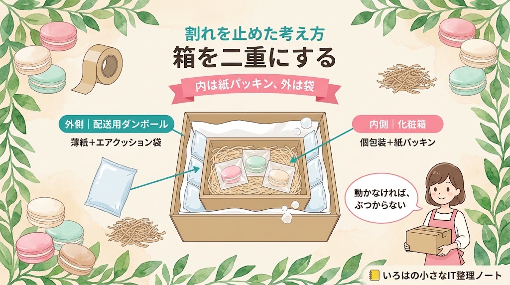 冷凍便で送るお菓子の梱包を示した図解。箱を二重にする考え方を断面で表している。内側は化粧箱で、個包装したマカロンを紙パッキンの上に並べる。外側は配送用ダンボールで、内側に薄紙を敷き、すき間をエアクッション袋で埋める。タイトルは「割れを止めた考え方 箱を二重にする」、帯には「内は紙パッキン、外は袋」。