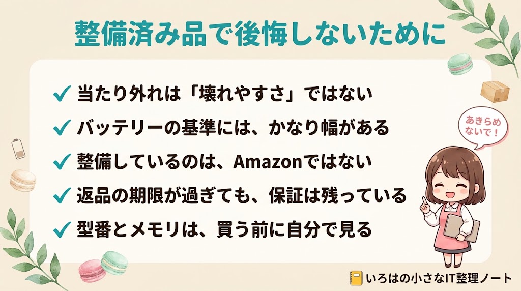 Amazon整備済み品で後悔しないためのポイントをまとめた図解