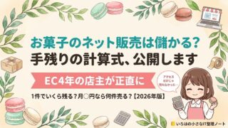 お菓子のネット販売は儲かるのかを解説する記事のアイキャッチ。ネットショップを4年運営してきたマカロン店主が、注文1件あたりの手残りの計算式と、アクセスがあっても売れなかった理由を公開する記事の表紙イラスト