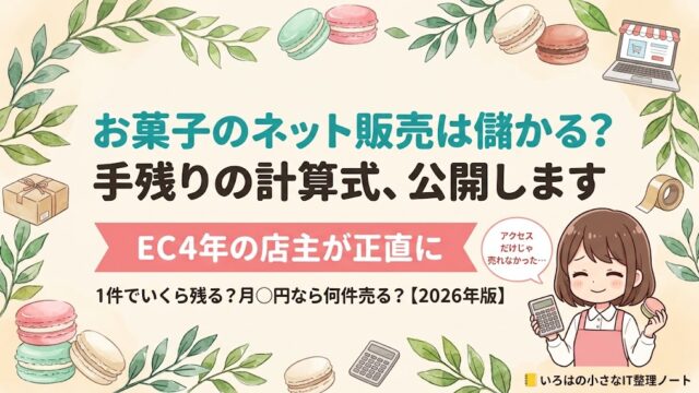お菓子のネット販売は儲かるのかを解説する記事のアイキャッチ。ネットショップを4年運営してきたマカロン店主が、注文1件あたりの手残りの計算式と、アクセスがあっても売れなかった理由を公開する記事の表紙イラスト