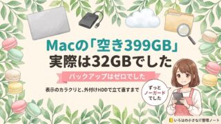 記事のアイキャッチ画像。「Macの『空き399GB』／実際は32GBでした」の見出しと、「バックアップはゼロでした」のリボン帯。水彩の葉とパステルマカロンに囲まれ、ノートパソコン・外付けハードディスク・クラウドのアイコンが配置されている。
