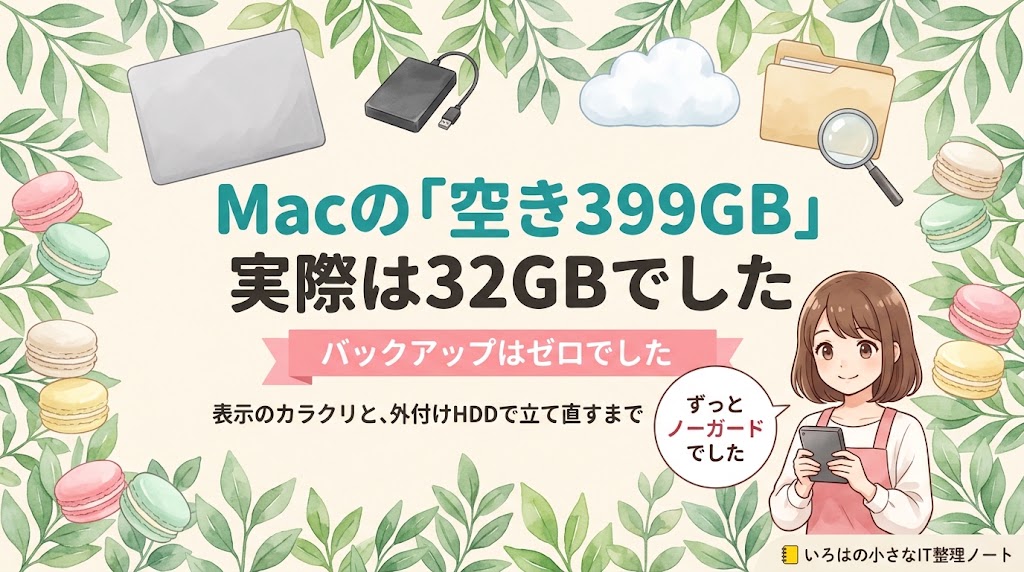 記事のアイキャッチ画像。「Macの『空き399GB』／実際は32GBでした」の見出しと、「バックアップはゼロでした」のリボン帯。水彩の葉とパステルマカロンに囲まれ、ノートパソコン・外付けハードディスク・クラウドのアイコンが配置されている。