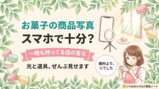 記事のアイキャッチ画像。「お菓子の商品写真／スマホで十分？」の見出しと「一眼も持ってる店の答え」のリボン帯。水彩の葉とパステルマカロンに囲まれ、窓からの光・リングライト・スマホを構える店主のイラストが描かれている。