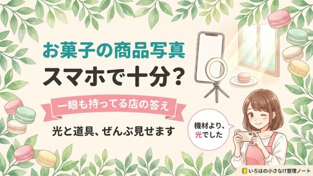 記事のアイキャッチ画像。「お菓子の商品写真／スマホで十分？」の見出しと「一眼も持ってる店の答え」のリボン帯。水彩の葉とパステルマカロンに囲まれ、窓からの光・リングライト・スマホを構える店主のイラストが描かれている。