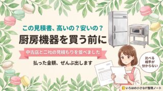 記事のアイキャッチ画像。「この見積書、高いの？安いの？／厨房機器を買う前に」の見出しと「中古店と二社の見積もりを並べました」のリボン帯。水彩の葉とパステルマカロンに囲まれ、ステンレスの業務用冷蔵庫とデッキオーブン、見積書を持つ店主のイラストが描かれている。