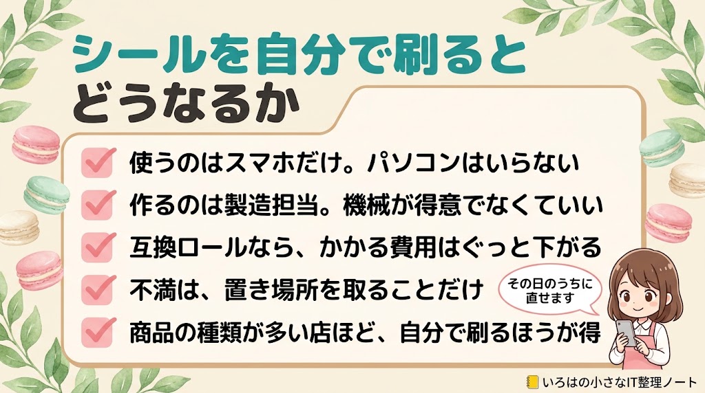 シールを自分で刷るとどうなるかをまとめた図解。使うのはスマホだけでパソコンはいらない、作るのは製造担当で機械が得意でなくていい、互換ロールならかかる費用はぐっと下がる、不満は置き場所を取ることだけ、商品の種類が多い店ほど自分で刷るほうが得、の5項目のチェックリスト。