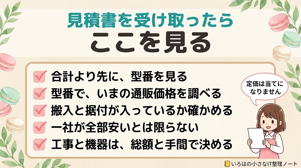 見積書を受け取ったら見るべき点をまとめた図解。合計より先に型番を見る、型番でいまの通販価格を調べる、搬入と据付が入っているか確かめる、一社が全部安いとは限らない、工事と機器は総額と手間で決める、の5項目のチェックリスト。
