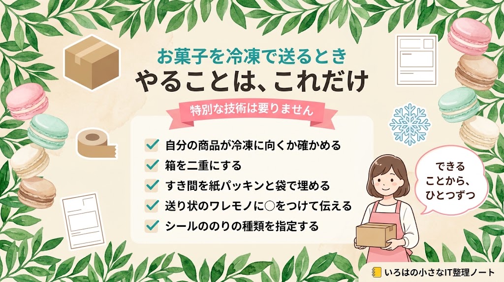 お菓子を冷凍で送るときのチェックリスト図解。自分の商品が冷凍に向くか確かめる、箱を二重にする、すき間を紙パッキンと袋で埋める、送り状のワレモノに丸をつけて伝える、シールののりの種類を指定する、の5項目。タイトルは「お菓子を冷凍で送るとき やることは、これだけ」、帯に「特別な技術は要りません」。