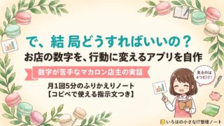 会計ソフトの数字を見ても「で、結局どうすればいいの？」状態だったマカロン店主が、お店の数字を行動に変える月１回５分のふりかえりアプリを自作した話のアイキャッチ。コピペで使えるAIへの指示文つき。