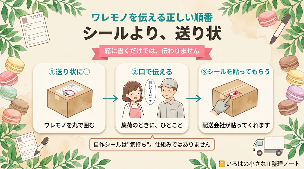 ワレモノを配送会社に伝える正しい順番を示した図解。①送り状のワレモノを丸で囲む、②集荷のときに口で伝える、③配送会社がシールを貼ってくれる、の3段階。タイトルは「ワレモノを伝える正しい順番 シールより、送り状」。帯に「箱に書くだけでは、伝わりません」、補足に「自作シールは気持ち。仕組みではありません」。