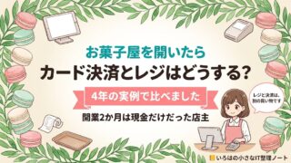 お菓子屋を開くときのカード決済とレジの選び方をまとめた記事のアイキャッチ。「カード決済とレジはどうする?」の見出しと「4年の実例で比べました」の帯、キャラがタブレットとカードリーダーを持っている。補足に「開業2か月は現金だけだった店主」、吹き出しに「レジと決済は、別の買い物です」。