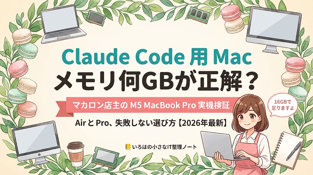 Claude Code用のMacはメモリ何GBが正解かを実機で検証した記事のアイキャッチ。マカロン店主がM5 MacBook Proを実際に使い、MacBook AirとProの選び分けと、失敗しないメモリ容量の選び方を個人事業主向けに解説する記事の表紙イラスト。多くの人には16GBで足りるという結論を示している。