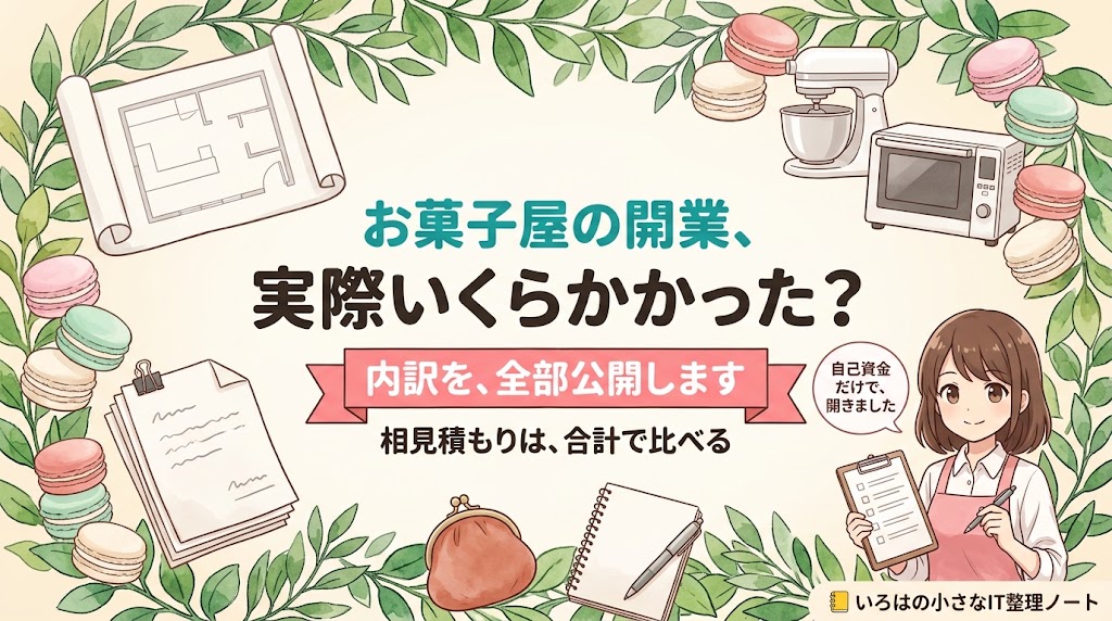 お菓子屋の開業、実際いくらかかった？内訳を全部公開。間取り図と見積書の束、厨房機器のイラストに『内訳を、全部公開します』の帯