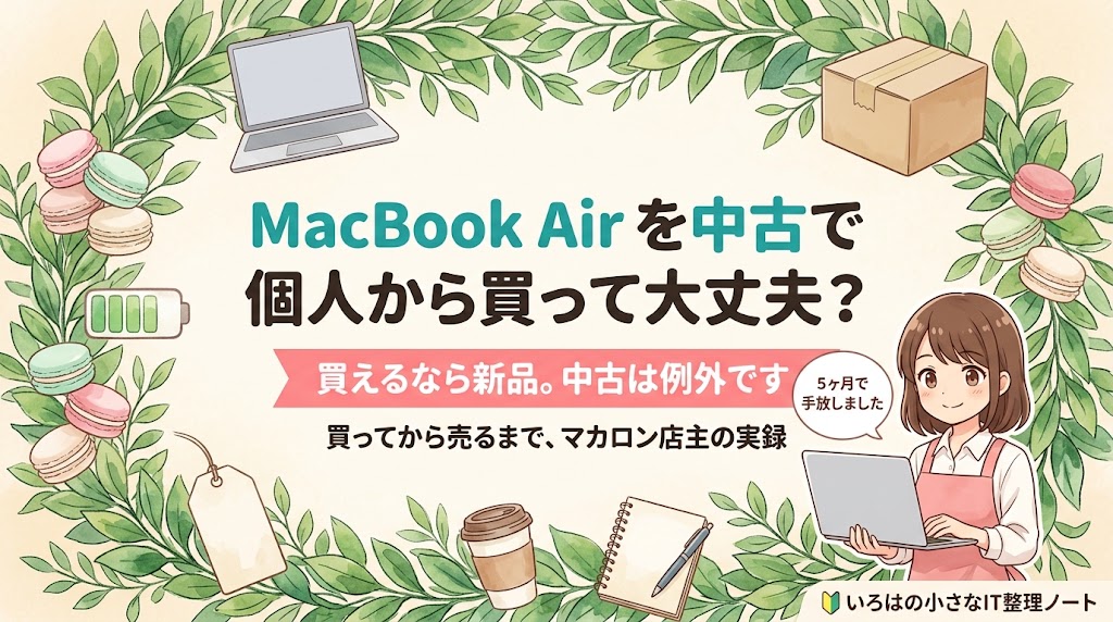 MacBook Airを中古で個人から買っても大丈夫かを、実際に買って売るまで試した記事のアイキャッチ。買えるなら新品という前提のうえで、マカロン店主が会員制コミュニティ内のフリマで中古のMacBook Airを買い、5ヶ月使って手放した実録を示すイラスト。