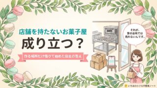 店舗を持たないお菓子屋は成り立つのかを、作る場所だけ借りて始めた店主が答える記事のアイキャッチ。開いたガラス戸の奥の小さな厨房と、発送用の段ボール箱のイラストに「作る場所だけ借りて始めた店主の答え」の帯。