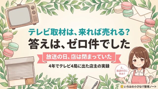 テレビ取材は来れば売れるのかを、4年でテレビ4局に出たマカロン店主が通販と店頭の実数で書いた記事のアイキャッチ。つけっぱなしのテレビと半分下りたシャッターのイラストに「放送の日、店は閉まっていた」の帯。