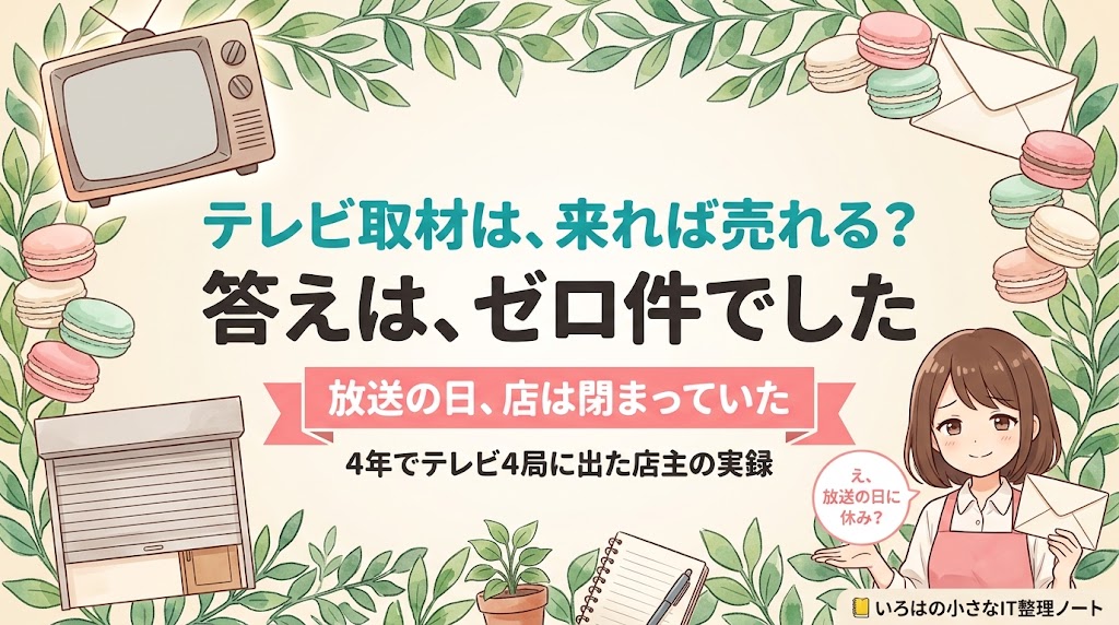 テレビ取材は来れば売れるのかを、4年でテレビ4局に出たマカロン店主が通販と店頭の実数で書いた記事のアイキャッチ。つけっぱなしのテレビと半分下りたシャッターのイラストに「放送の日、店は閉まっていた」の帯。