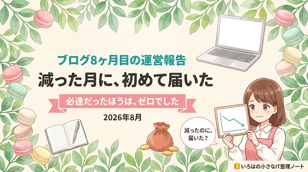 ブログ8ヶ月目の運営報告のアイキャッチ。「ブログ8ヶ月目の運営報告／減った月に、初めて届いた」の見出しと、「必達だったほうは、ゼロでした」のリボン帯。水彩の葉とパステルマカロンに囲まれ、下向きの折れ線グラフのボードを持った店主のイラストが描かれている。2026年8月。