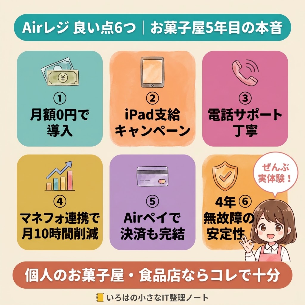 Airレジの良い点6つ|お菓子屋5年目の本音。月額0円で導入、iPad支給キャンペーン、電話サポートが丁寧、マネーフォワード連携で月10時間削減、Airペイで決済も完結、4年無故障の安定性。