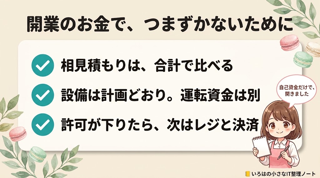開業のお金でつまずかないための要点。相見積もりは合計で比べる、設備は計画どおりで運転資金は別、許可が下りたら次はレジと決済。