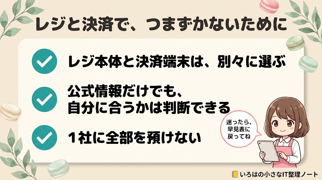 レジと決済でつまずかないための要点。レジ本体と決済端末は別々に選ぶ、公式情報だけでも自分に合うかは判断できる、1社に全部を預けない。
