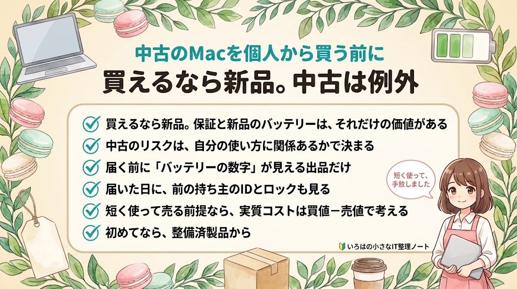 中古のMacを個人から買う前に確認することのまとめ図解。買えるなら新品で、保証と新品のバッテリーにはそれだけの価値がある。中古のリスクは自分の使い方に関係あるかで決まる。届く前にバッテリーの数字が見える出品だけを選ぶ。届いた日に前の持ち主のIDとロックも見る。短く使って売る前提なら実質コストは買値から売値を引いて考える。初めてなら整備済製品から。