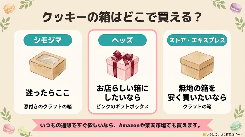 クッキーの箱はどこで買える？の図解。シモジマ＝迷ったらここ（窓付きのクラフトの箱）／ヘッズ＝お店らしい箱にしたいなら（ピンクのギフトボックス）／ストア・エキスプレス＝無地の箱を安く買いたいなら（クラフトの箱）。いつもの通販ですぐ欲しいなら、Amazonや楽天市場でも買えます。