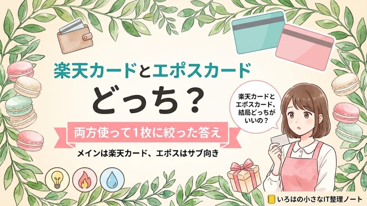 楽天カードとエポスカードはどっちがお得かを、両方使って1枚に絞った店主が答えた記事のアイキャッチ。無地のカード2枚・財布・電気とガスと水道のアイコンに「両方使って1枚に絞った答え」の帯。