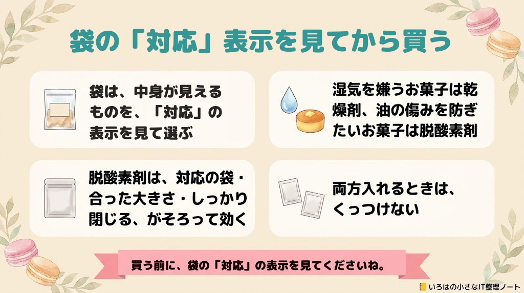 袋の「対応」表示を見てから買う、のまとめ図解。袋は、中身が見えるものを、「対応」の表示を見て選ぶ／湿気を嫌うお菓子は乾燥剤、油の傷みを防ぎたいお菓子は脱酸素剤／脱酸素剤は、対応の袋・合った大きさ・しっかり閉じる、がそろって効く／両方入れるときは、くっつけない。