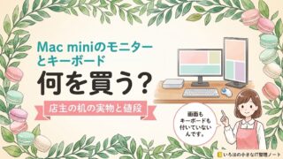 Mac miniのモニターとキーボードは何を買うかを、店主の机の実物と値段で答える記事のアイキャッチ。小さなデスクトップ本体・横と縦のモニター・キーボード・トラックボールのイラストに「店主の机の実物と値段」の帯。