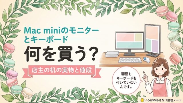 Mac miniのモニターとキーボードは何を買うかを、店主の机の実物と値段で答える記事のアイキャッチ。小さなデスクトップ本体・横と縦のモニター・キーボード・トラックボールのイラストに「店主の机の実物と値段」の帯。