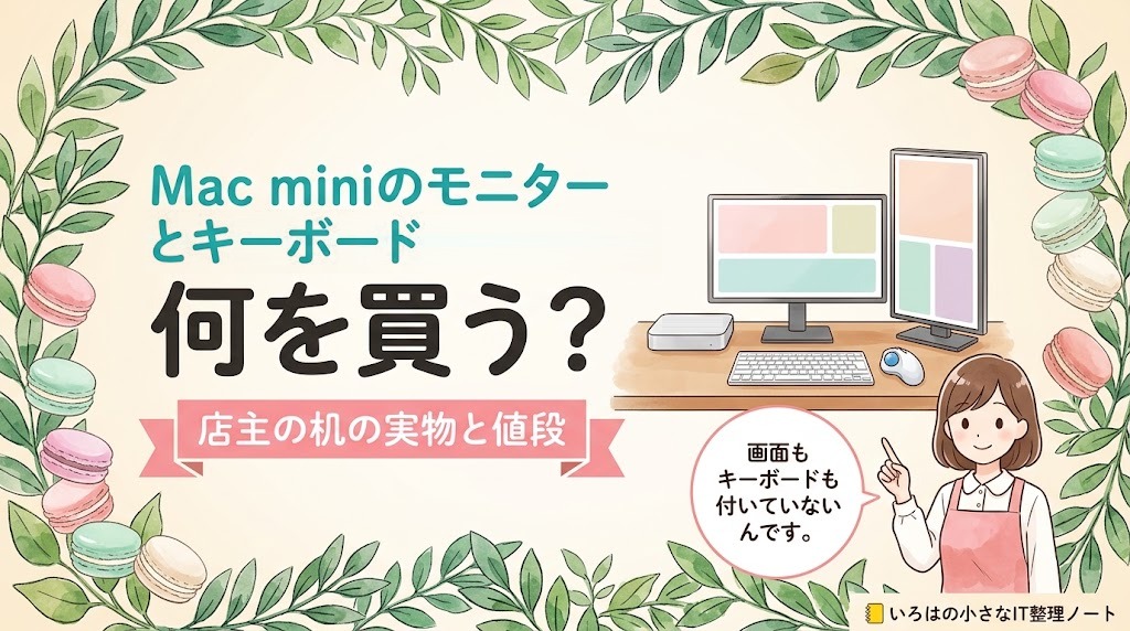 Mac miniのモニターとキーボードは何を買うかを、店主の机の実物と値段で答える記事のアイキャッチ。小さなデスクトップ本体・横と縦のモニター・キーボード・トラックボールのイラストに「店主の机の実物と値段」の帯。