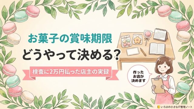 お菓子の賞味期限をどうやって決めるかを、検査に2万円払った店主が実録で答える記事のアイキャッチ。袋に入った3つのお菓子と白いラベルのイラストに「検査に2万円払った店主の実録」の帯。