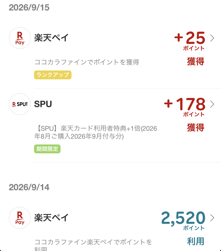 2026年9月14日と15日のポイント履歴。9月14日にドラッグストアの楽天ペイで2,520ポイントを利用。9月15日に楽天ペイで25ポイント獲得、SPUの楽天カード利用者特典で178ポイント獲得(期間限定)。