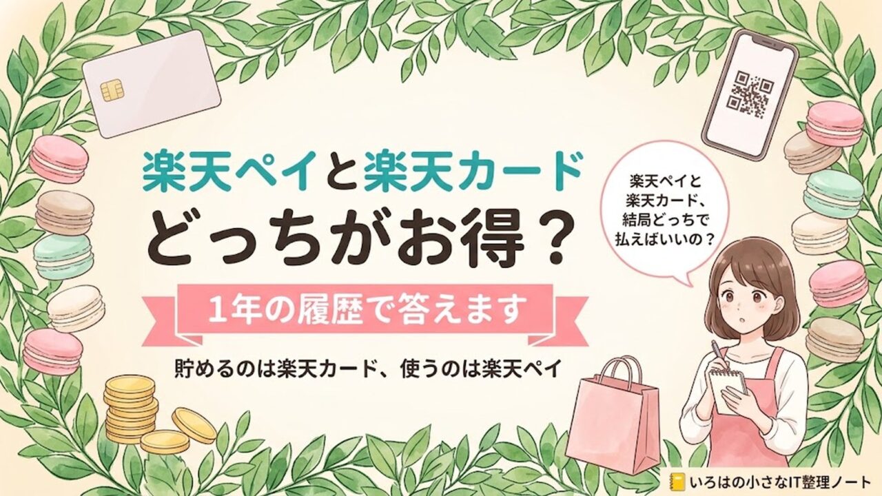 楽天ペイと楽天カードはどっちがお得かを、1年分のポイント履歴で答えた記事のアイキャッチ。無地のカード・QRコードのスマホ・コインのイラストに「1年の履歴で答えます」の帯。