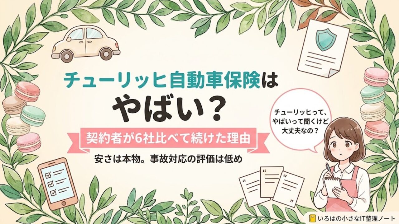 チューリッヒ自動車保険はやばいのかを、契約者が同じ車で6社の見積もりを比べて確かめた記事のアイキャッチ。小さな車・保険の書類・見積もりの紙のイラストに「契約者が6社比べて続けた理由」の帯。