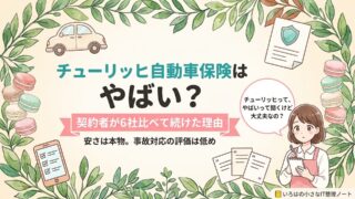 チューリッヒ自動車保険はやばいのかを、契約者が同じ車で6社の見積もりを比べて確かめた記事のアイキャッチ。小さな車・保険の書類・見積もりの紙のイラストに「契約者が6社比べて続けた理由」の帯。