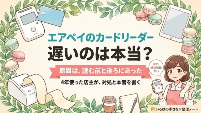 エアペイのカードリーダーが遅いのは本当かを、4年使った店主が原因と対処まで書いた記事のアイキャッチ。カードリーダーとレシートプリンターから伸びる長い紙のイラストに「原因は、読む前と後ろにあった」の帯。