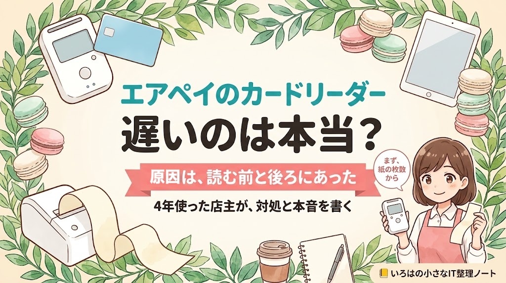 エアペイのカードリーダーが遅いのは本当かを、4年使った店主が原因と対処まで書いた記事のアイキャッチ。カードリーダーとレシートプリンターから伸びる長い紙のイラストに「原因は、読む前と後ろにあった」の帯。