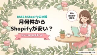 BASEとShopifyの比較、月何件からShopifyが安い？分かれ目の計算表つき、のアイキャッチ。カフェのテーブルでタブレットを見て笑う女性と、マカロンと葉の飾り。