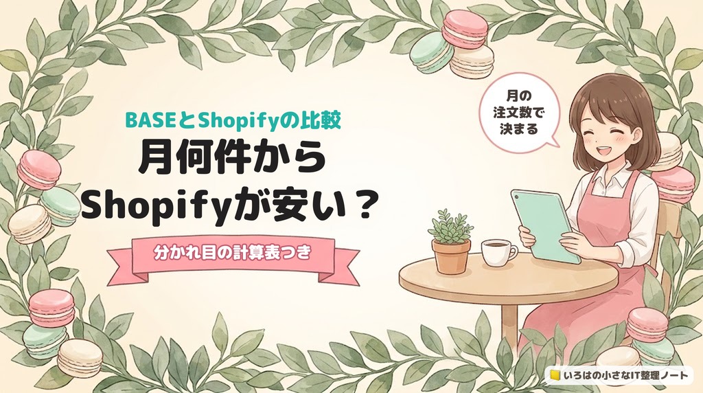 BASEとShopifyの比較、月何件からShopifyが安い？分かれ目の計算表つき、のアイキャッチ。カフェのテーブルでタブレットを見て笑う女性と、マカロンと葉の飾り。