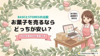 BASEとSTORESの比較、お菓子を売るならどっちが安い?月の手数料の計算表つき、のアイキャッチ。ノートパソコンと冷凍便の箱、そろばん、マカロンを置いた作業台のイラスト。