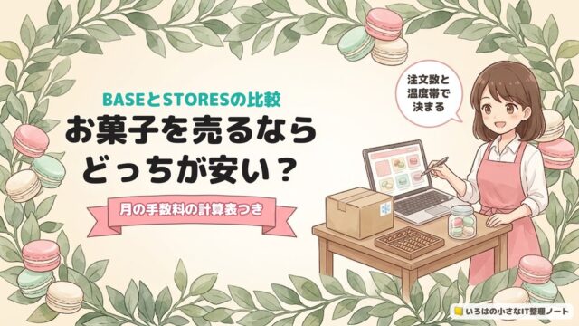 BASEとSTORESの比較、お菓子を売るならどっちが安い？月の手数料の計算表つき、のアイキャッチ。ノートパソコンと冷凍便の箱、そろばん、マカロンを置いた作業台のイラスト。