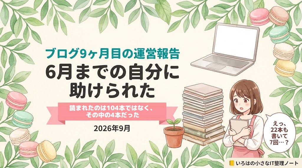ブログ9ヶ月目の運営報告のアイキャッチ。「ブログ9ヶ月目の運営報告／6月までの自分に助けられた」の見出しと「読まれたのは104本ではなく、その中の4本だった」のリボン帯。水彩の葉とパステルマカロンに囲まれ、積み重なったノートと芽の出た植木鉢、ノートを抱えた女性のイラスト。