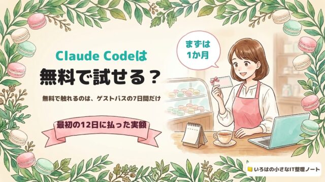 Claude Codeは無料で試せる？無料で触れるのは、ゲストパスの7日間だけ。最初の12日に払った実額。マカロン店のカウンターで、リボンのついた券を手にする店主のイラスト