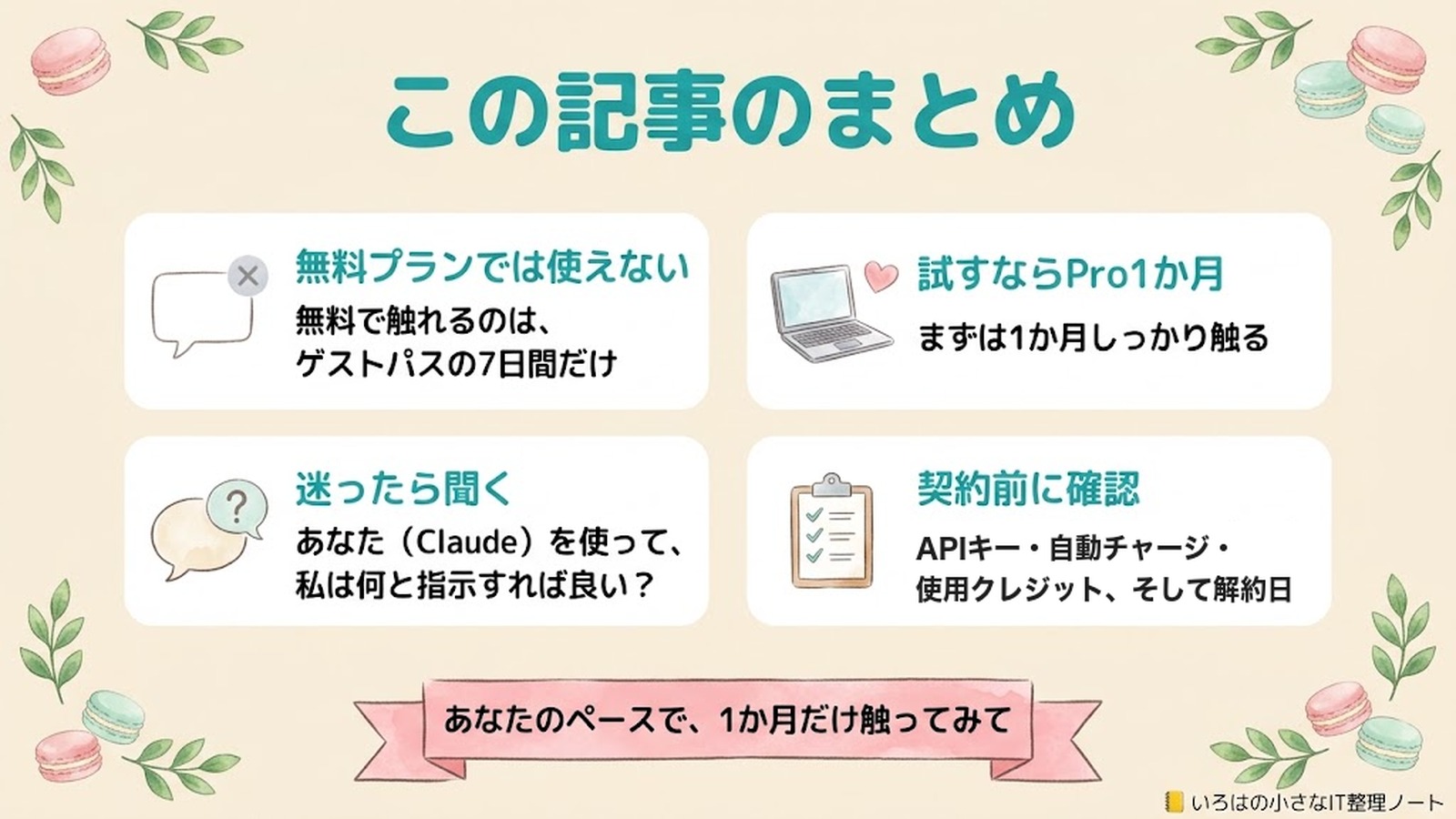 この記事のまとめ。無料プランでは使えない：無料で触れるのは、ゲストパスの7日間だけ／試すならPro1か月：まずは1か月しっかり触る／迷ったら聞く：あなた（Claude）を使って、私は何と指示すれば良い？／契約前に確認：APIキー・自動チャージ・使用クレジット、そして解約日。あなたのペースで、1か月だけ触ってみて