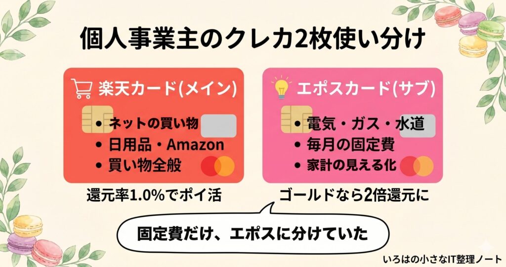 個人事業主のクレジットカード2枚使い分け図解。メインの楽天カード（赤）はネットの買い物・日用品・Amazon・買い物全般で還元率1.0%、サブのエポスカード（ピンク）は電気・ガス・水道などの毎月の固定費と家計の見える化で、ゴールドなら2倍還元。吹き出しは「固定費だけ、エポスに分けていた」。