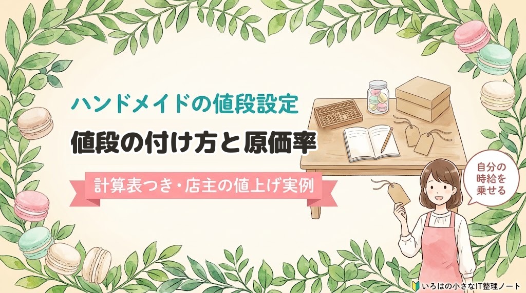 ハンドメイドの値段設定、値段の付け方と原価率。計算表つき・店主の値上げ実例、のアイキャッチ。そろばんと白い値札、ノートを置いた作業台のイラスト。